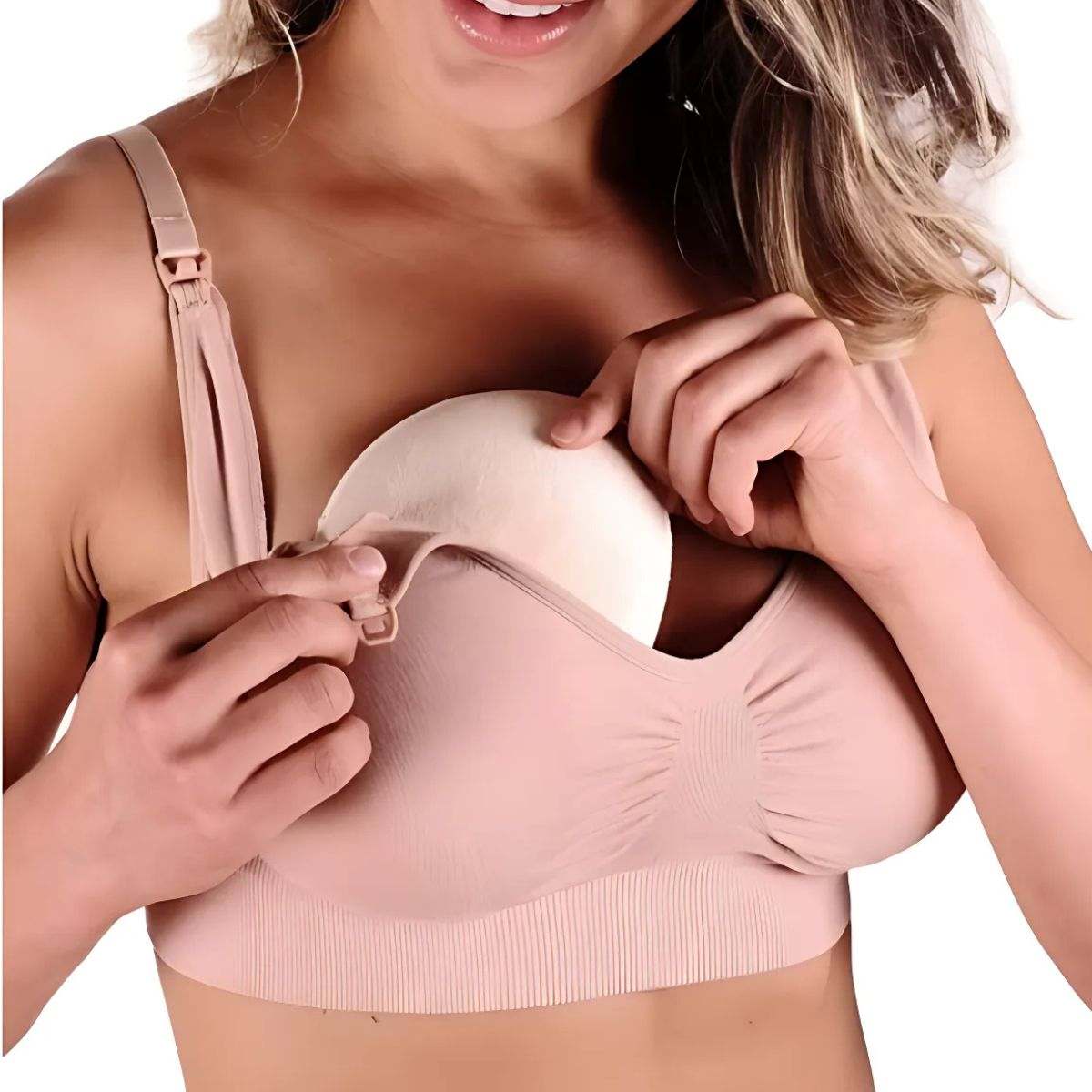 B Free Bamboo Wire Free Maternity and Nursing Bra in nude, breathable and seamless design with adjustable straps and removable padding.