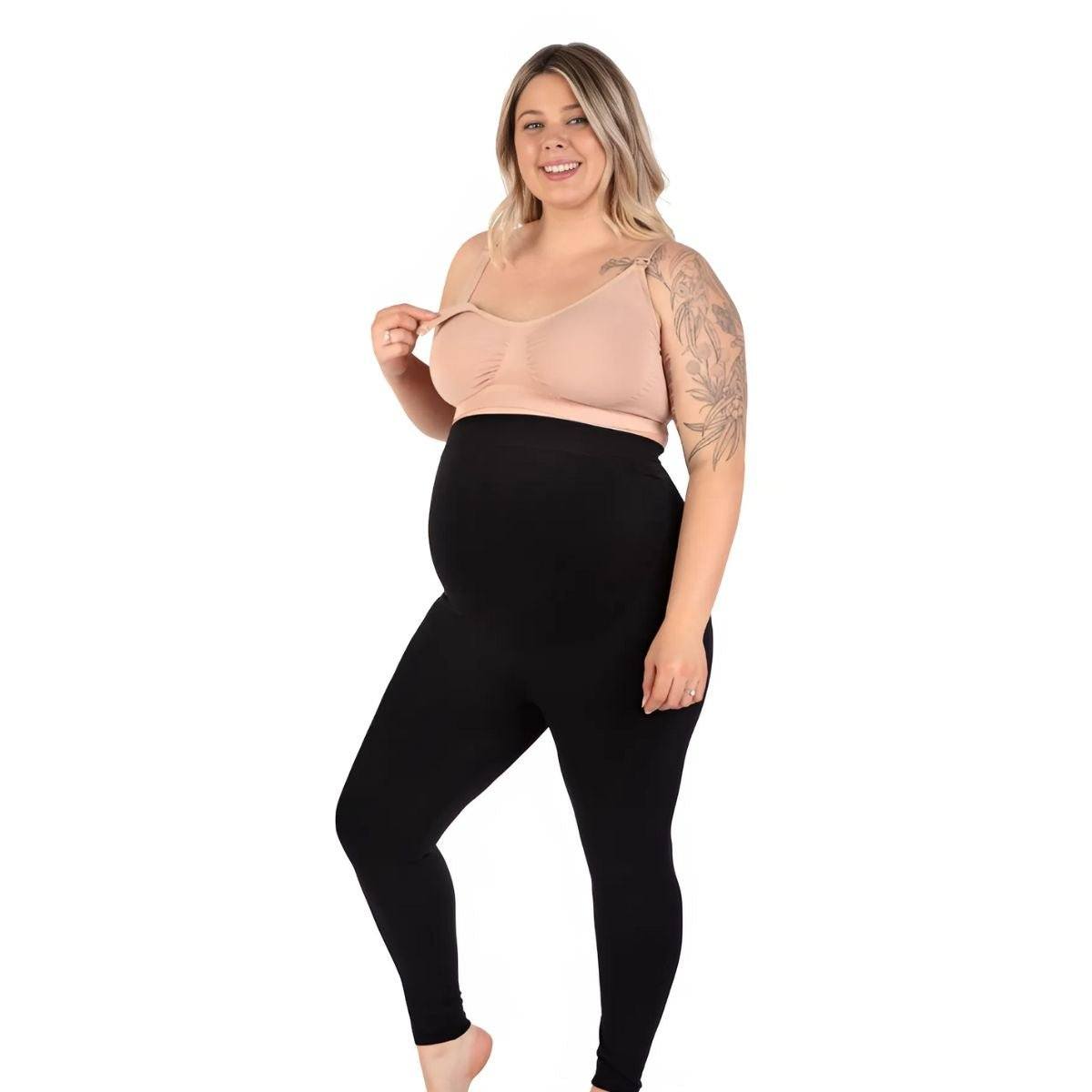 Pregnant woman wearing B Free maternity support leggings with ribbed waistband and seamless design