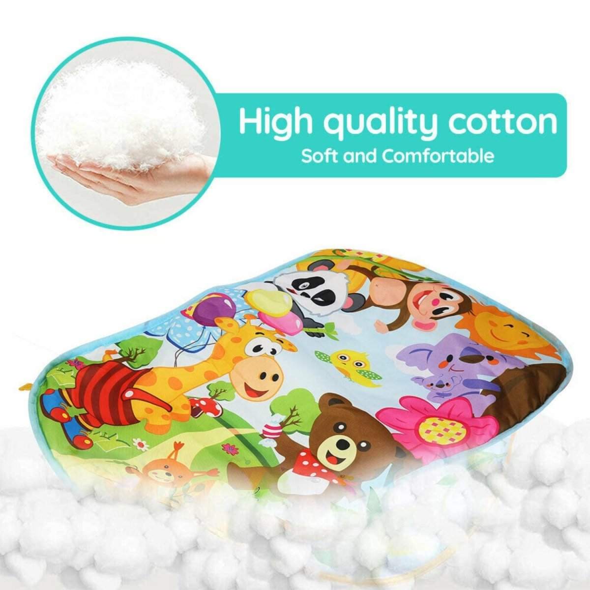 BabiePlay Kick'n'Play Musical Activity Baby Gym Mat with piano, colorful toys, and soft cotton for early motor skill development and sensory play.