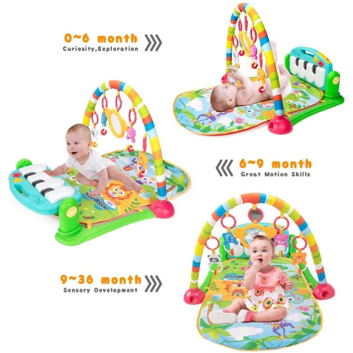 BabiePlay Kick'n'Play Musical Activity Baby Gym Mat with interactive piano and colorful hanging toys for motor skill development and early sensory stimulation