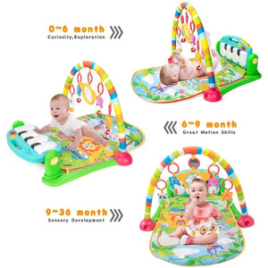 BabiePlay Kick'n'Play Musical Activity Baby Gym Mat with interactive piano and colorful hanging toys for motor skill development and early sensory stimulation