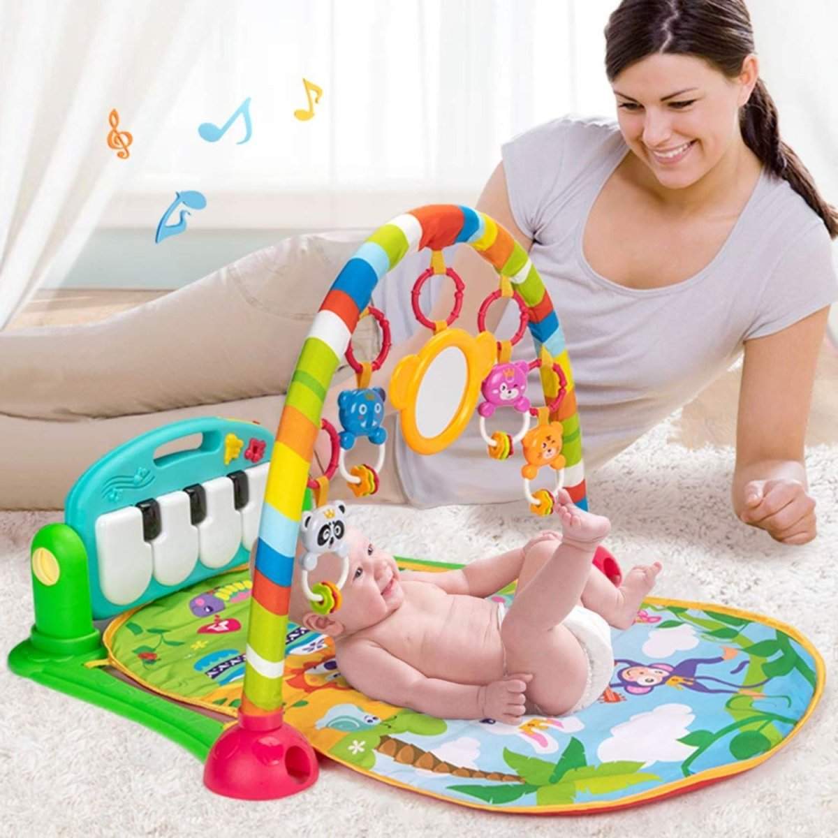 BabiePlay Kick'n'Play Musical Activity Baby Gym Mat for sensory stimulation and motor skill development