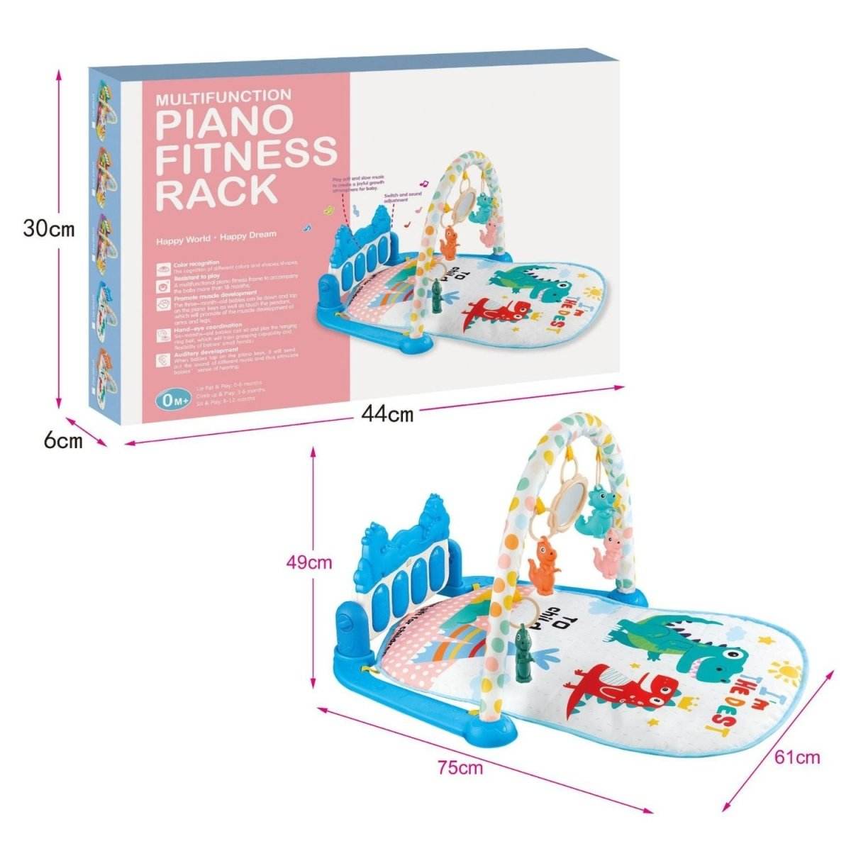 BabiePlay Kick'n'Play Musical Activity Baby Gym Mat with piano, colorful toys, and soft cotton fabric for motor skill development and sensory play.