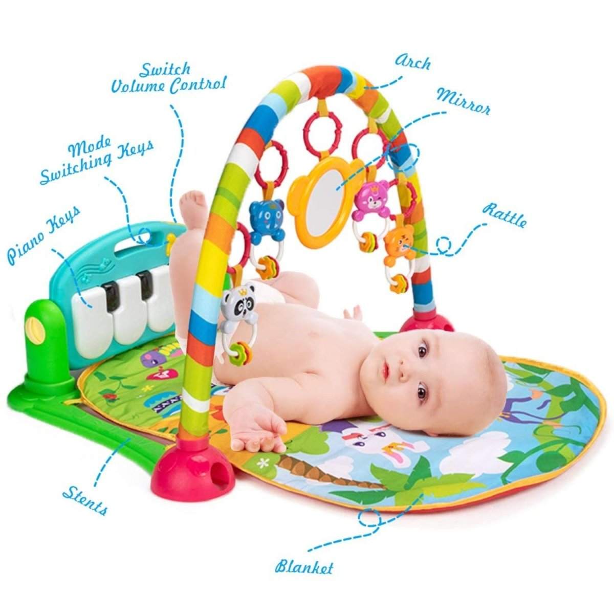 BabiePlay Kick'n'Play Musical Activity Baby Gym Mat with interactive piano and colorful hanging toys for early motor skill development and sensory stimulation.