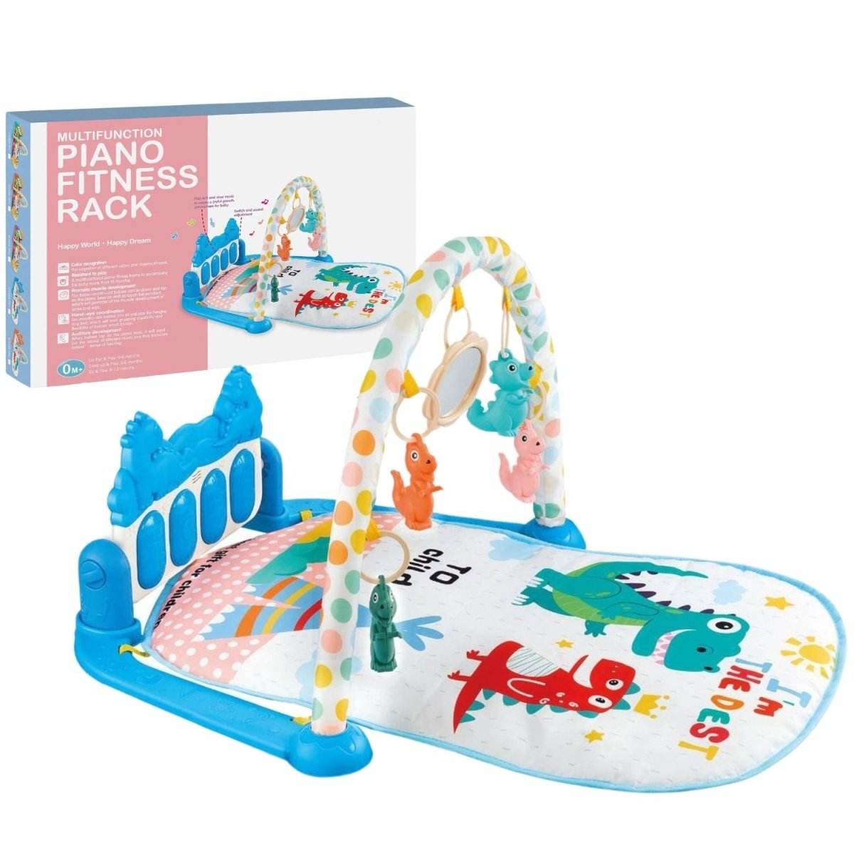 BabiePlay Kick'n'Play Musical Activity Baby Gym Mat with interactive piano and colorful hanging toys for motor skill development and sensory stimulation