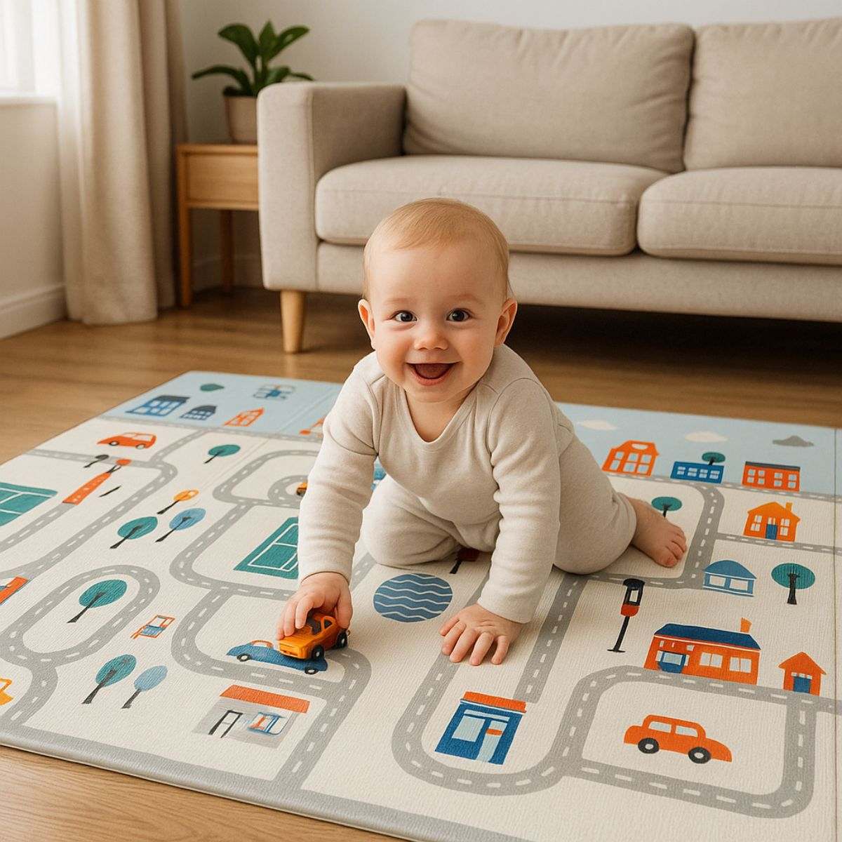 Large foldable waterproof baby play mat with reversible designs and 5-layer safety foam