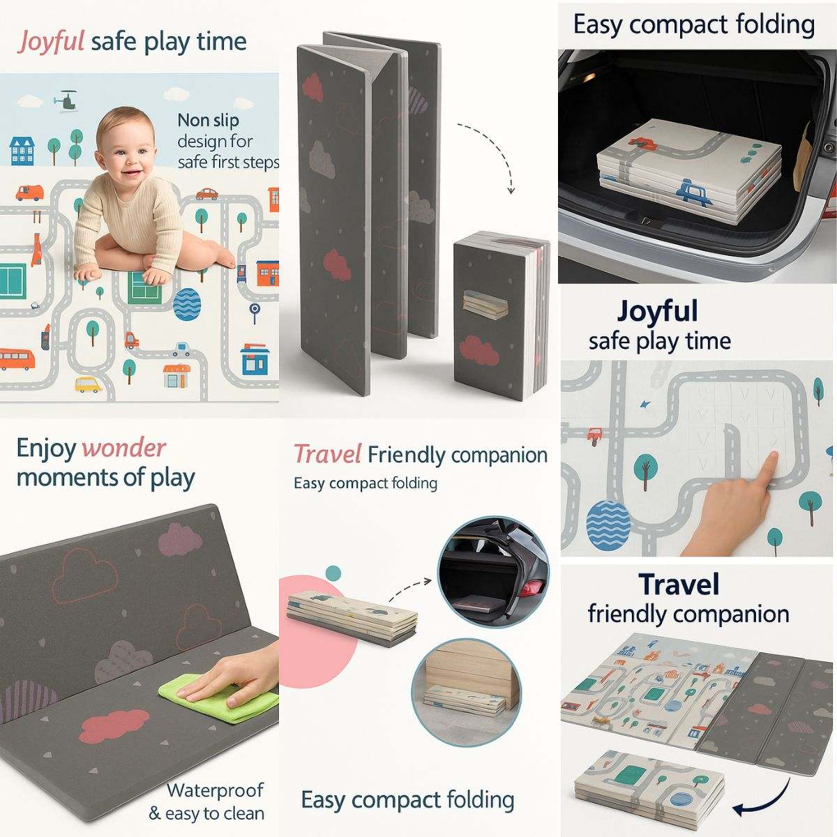 Large baby play mat 200x180 cm foldable waterproof reversible foam with colorful city and cloud designs