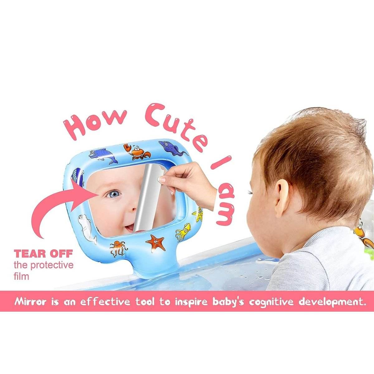 Babieplay Tummy Time Sensory Mat with colorful floating toys for baby motor skills development