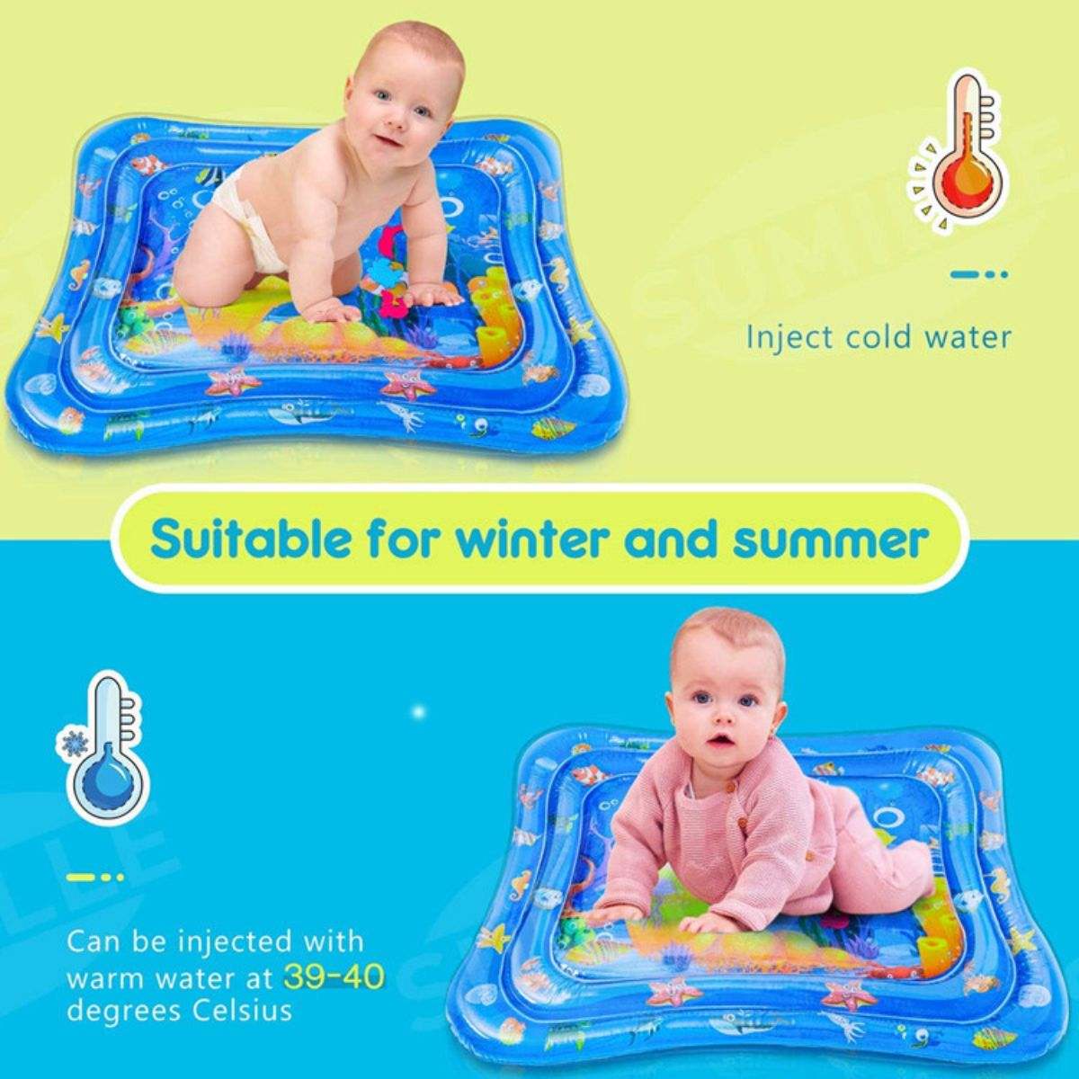 Babieplay Tummy Time Sensory Mat with bright colors and floating toys for baby motor skills development