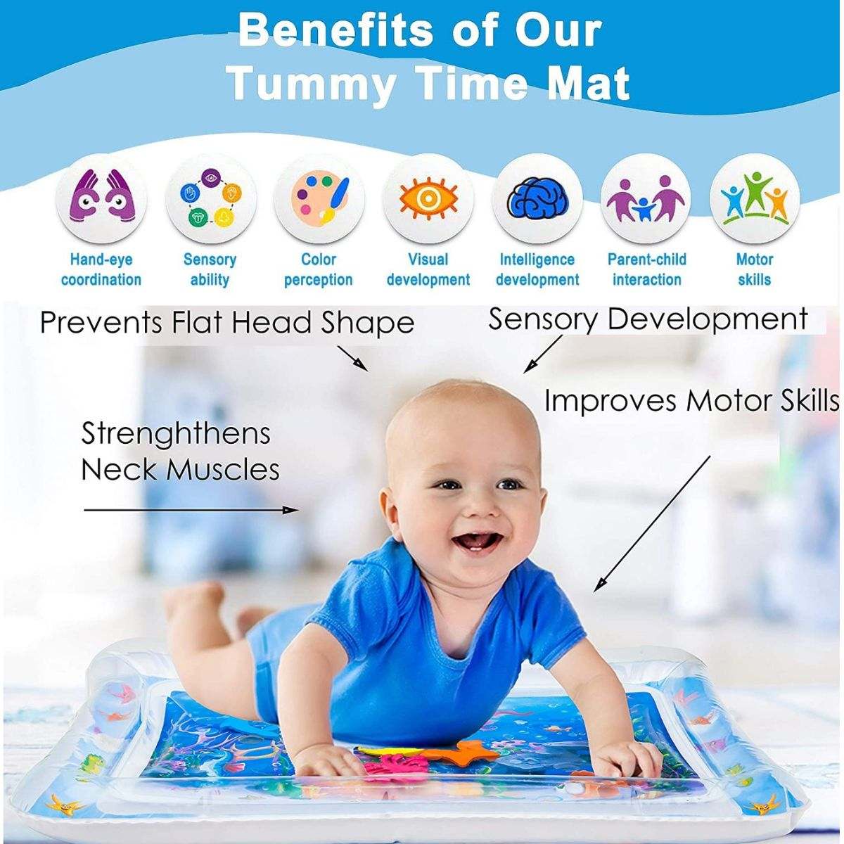 Babieplay Tummy Time Sensory Mat with water and floating toys for baby motor skills development