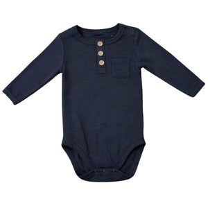 Feather & Fawn long sleeve baby bodysuit pack with navy, white, and blue stripe designs