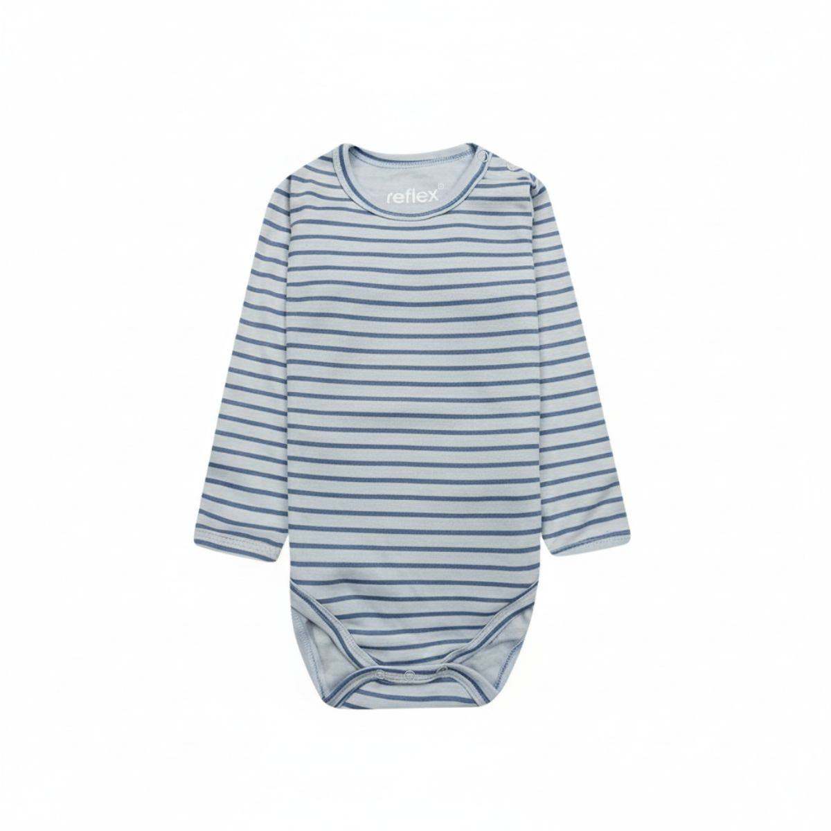 Feather & Fawn long sleeve baby bodysuits three pack in navy, white, and blue stripe