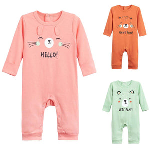 Feather and Fawn baby romper with animal face and fold-over mitts