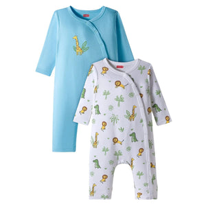 Feather & Fawn Babyhug Cotton Interlock Front - Open Romper | Animal Safari Print / Light Blue Giraffe Baby Clothes