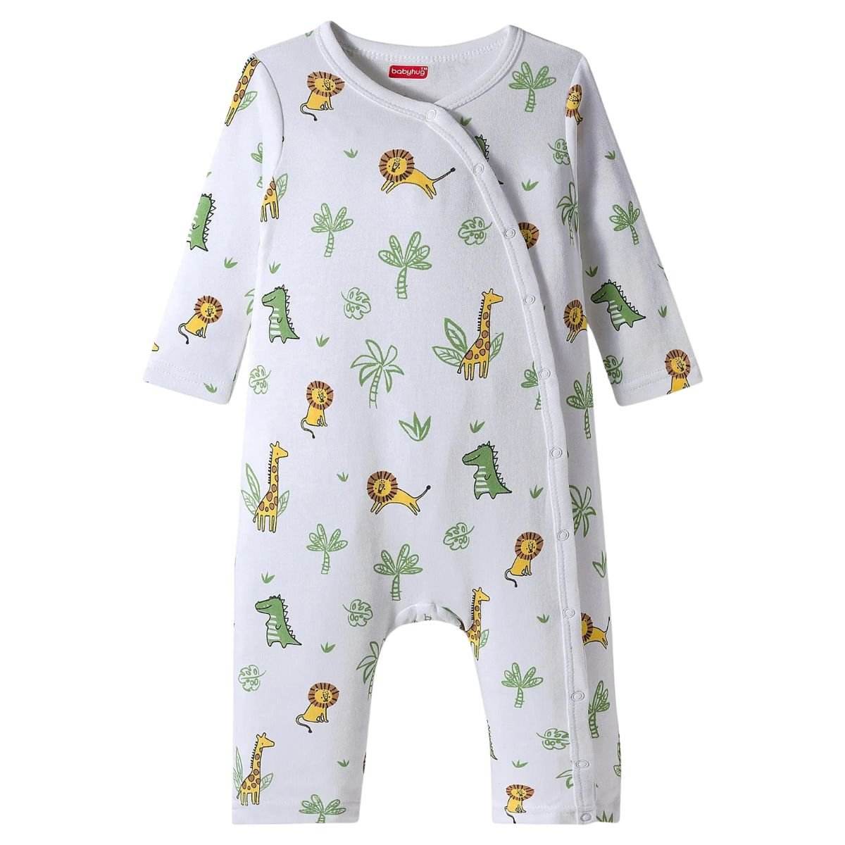 Feather & Fawn Babyhug Cotton Interlock Front - Open Romper | Animal Safari Print / Light Blue Giraffe Baby Clothes