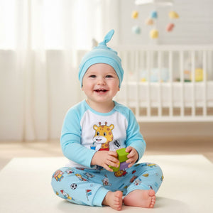 Feather & Fawn Babyhug Cotton Knit Full Sleeve Giraffe Onesie Set with Leggings & Cap | Light Blue Baby Clothes