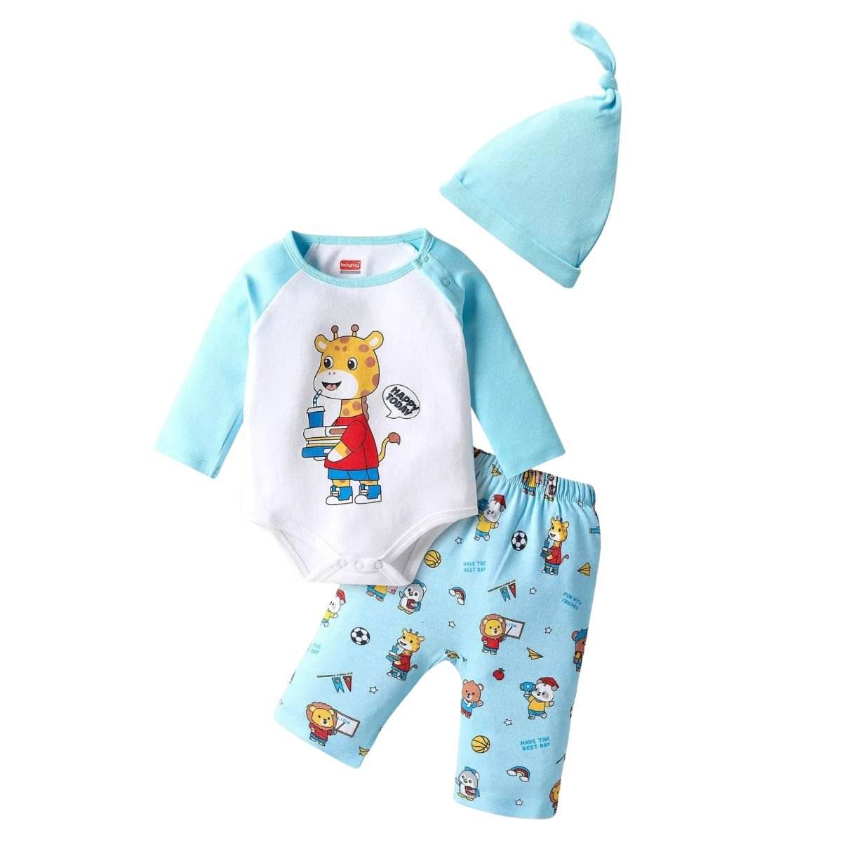 Feather & Fawn Babyhug Cotton Knit Full Sleeve Giraffe Onesie Set with Leggings & Cap | Light Blue Baby Clothes