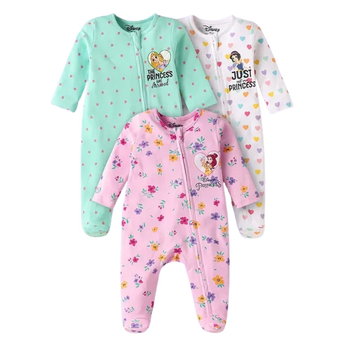 Feather & Fawn Babyhug Disney Cotton Knit Footed Sleepsuit | Princess Edition Baby Clothes