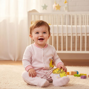 Feather & Fawn Child World Interlock Knit Full - Sleeve Striped Romper | Giraffe & Lion Print Baby Clothes