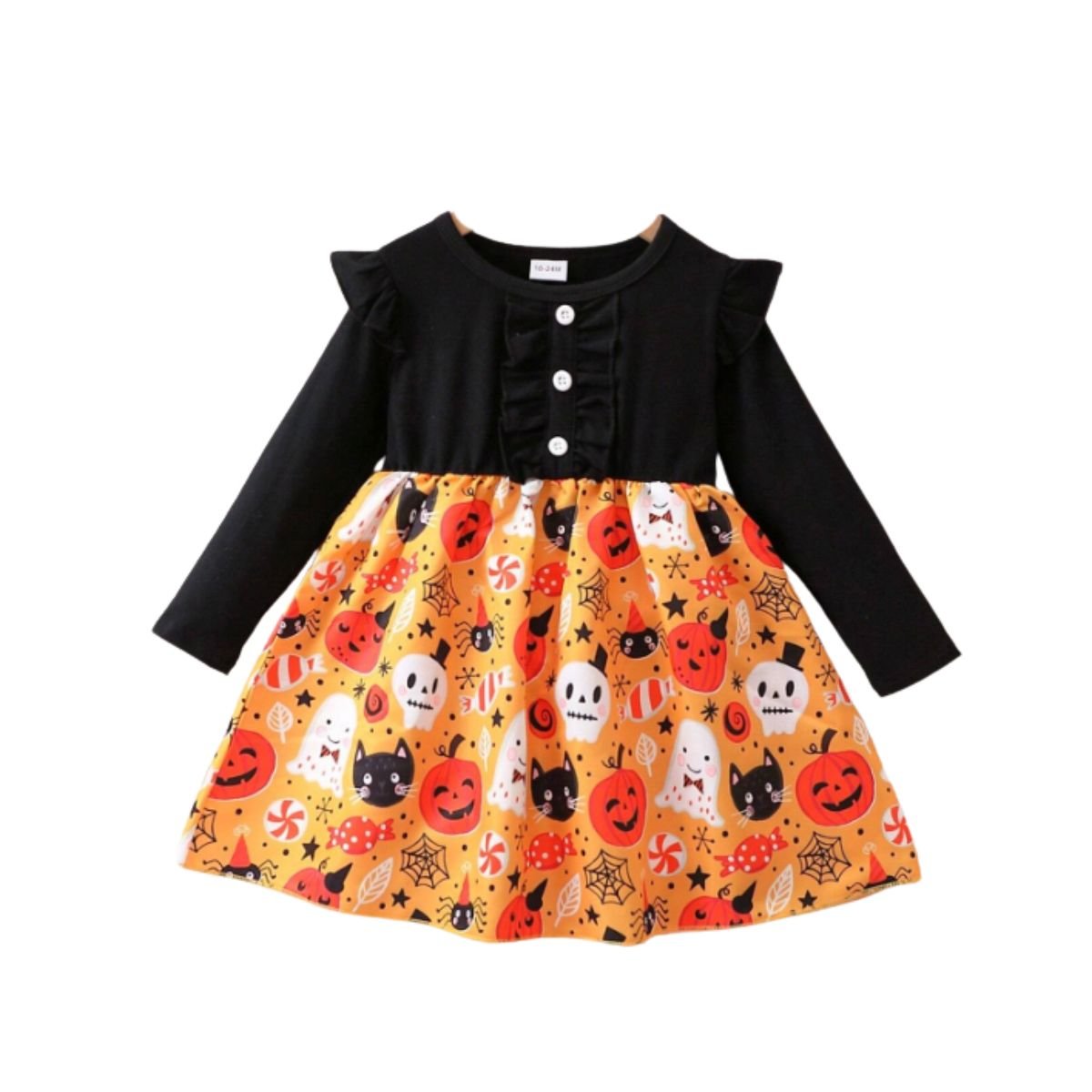 Feather & Fawn Girls Halloween Pumpkin Dress | Long Sleeve Patchwork Ruffle Trim Party Dress (2โ4 Years) Halloween