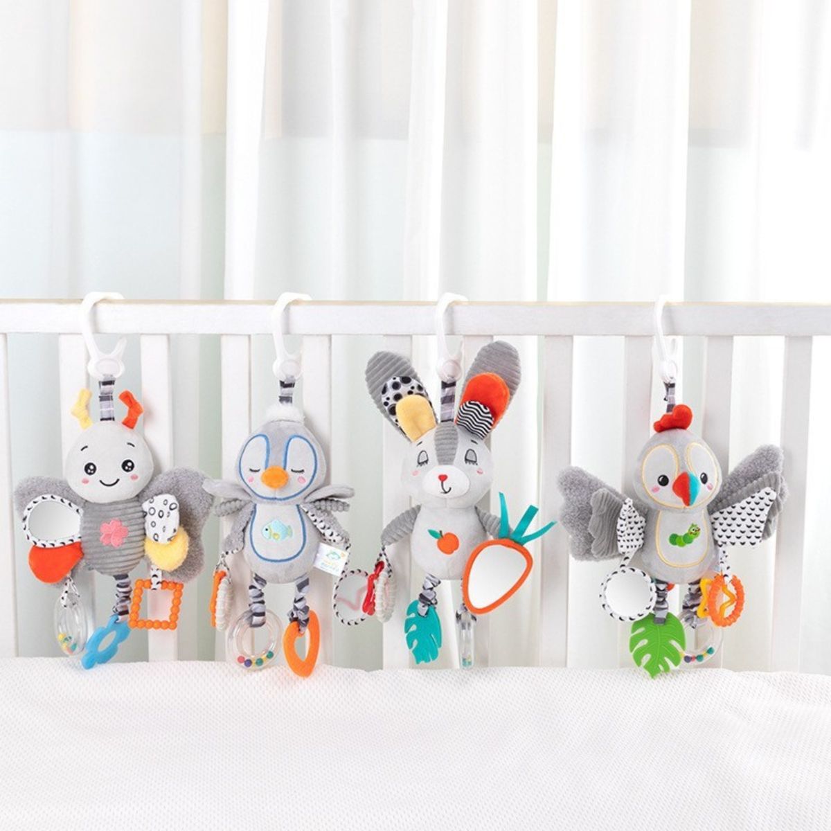 Feather & Fawn Hanging Toy for Prams & Strollers | Penguin, Bee, Rabbit, Parrot Pram Hanging Toy