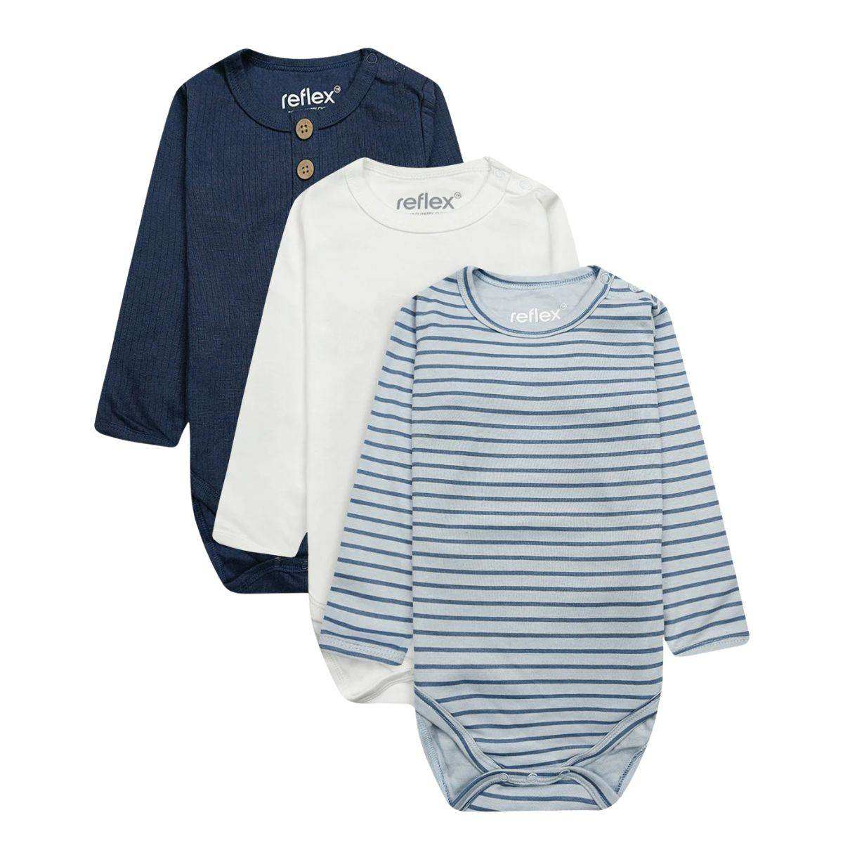 Feather & Fawn long sleeve baby bodysuits three pack in navy, white, and blue stripe