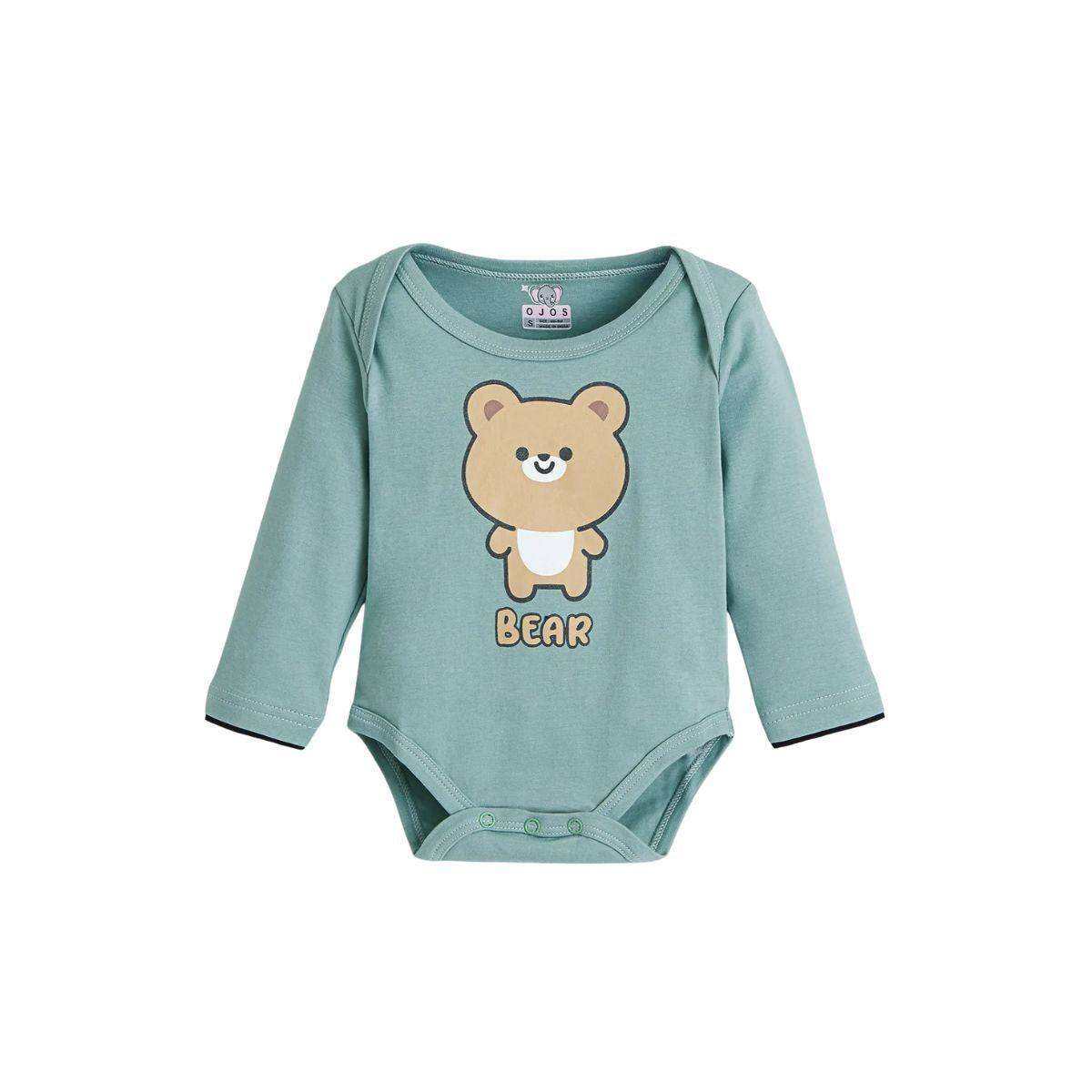Feather & Fawn OJOS long sleeve cotton baby bodysuit on white background