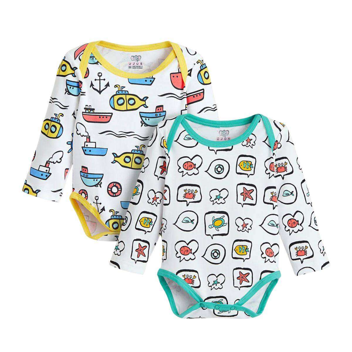 Feather & Fawn OJOS long sleeve cotton baby bodysuit with lap shoulder and crotch snaps