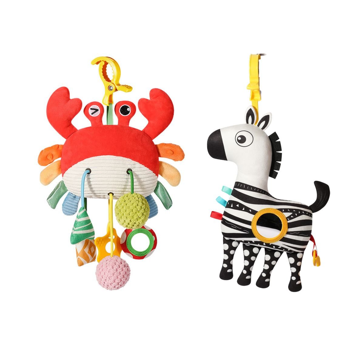 Feather & Fawn Pram Hanging Toy Sensory Plush Toy with Squeaker | Crab & Zebra Pram Hanging Toy
