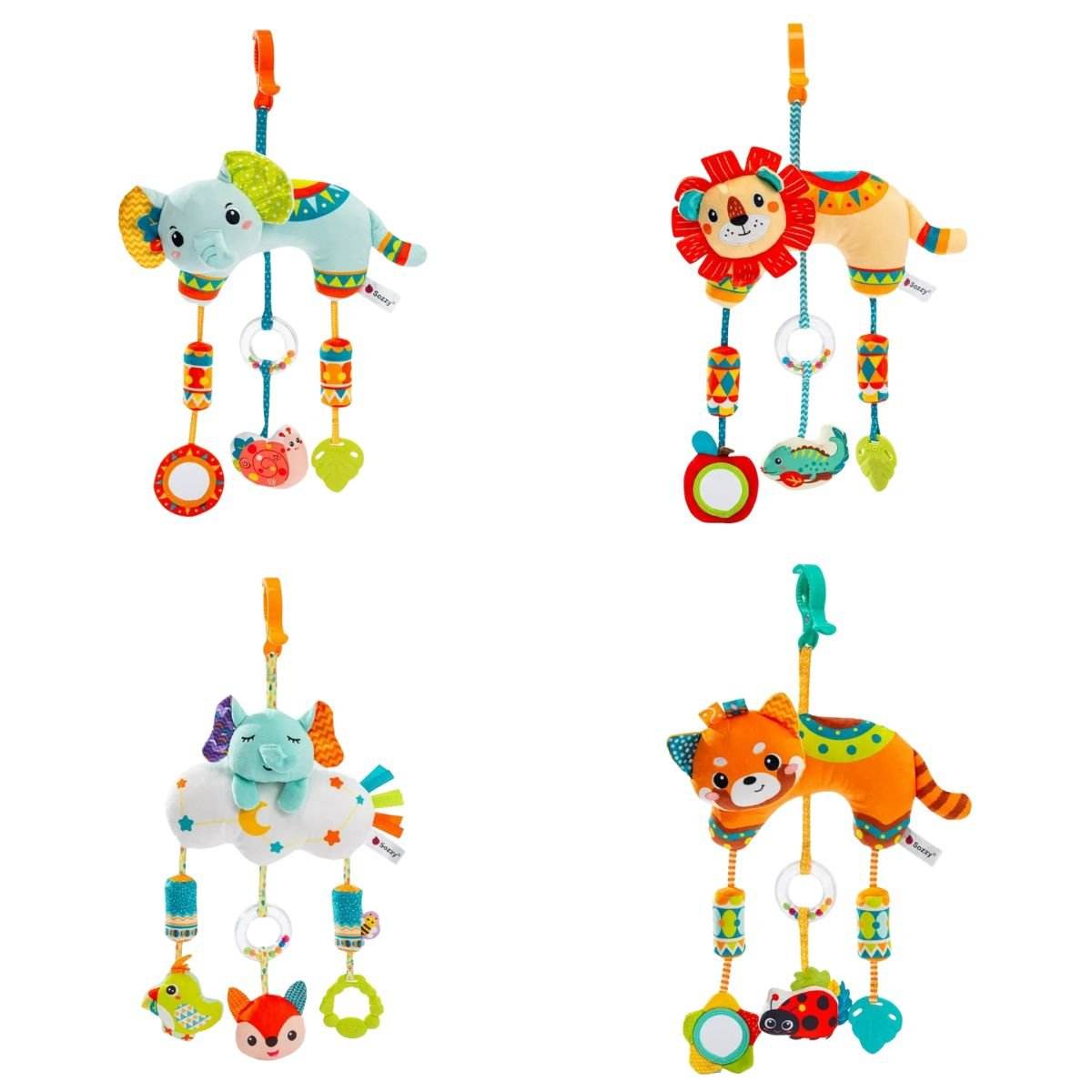 Feather & Fawn Sensory Animals Baby Hanging Toy For Pram With Teether Pram Hanging Toy