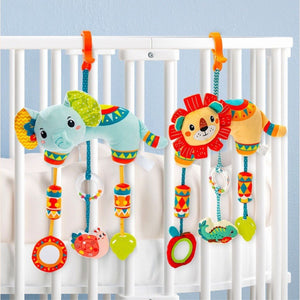 Feather & Fawn Sensory Animals Baby Hanging Toy For Pram With Teether Pram Hanging Toy