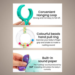 Feather & Fawn Sensory Animals Baby Hanging Toy For Pram With Teether Pram Hanging Toy