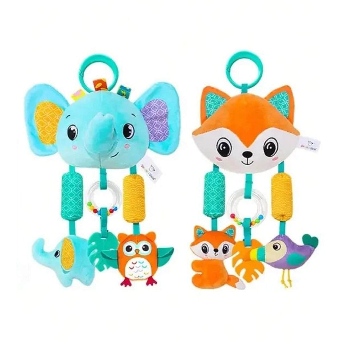 Feather & Fawn Sensory Pram Hanging Toy | Elephant & Fox Hanging Mobile Pram Hanging Toy