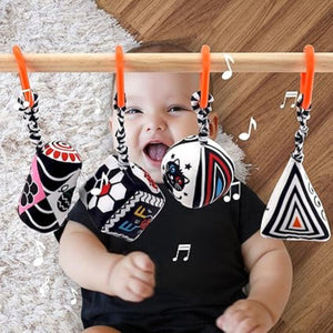 Feather & Fawn Squeaky Sensory Hanging Toy | Visual Developmental Black & White Shapes Pram Hanging Toy