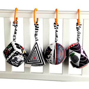 Feather & Fawn Squeaky Sensory Hanging Toy | Visual Developmental Black & White Shapes Pram Hanging Toy