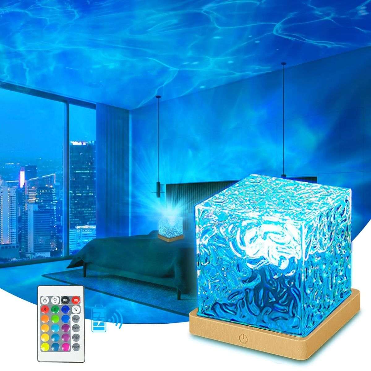 Glowly Aurora Night Light Projector with Wooden Base - 16 Color LED Galaxy Lamp Night Light Projector