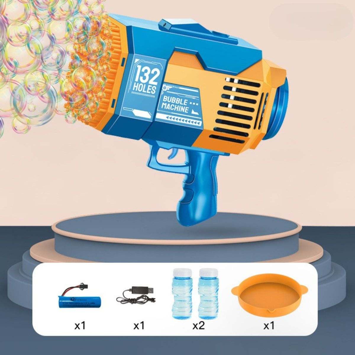 Kidst Bubble Machine Bazooka with 132 holes, rechargeable bubble blaster producing thousands of bubbles, safe non-toxic toy with LED lights for outdoor play