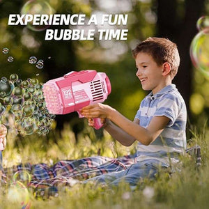 Kidst rechargeable Bubble Machine Bazooka with 132 holes producing thousands of bubbles outdoors
