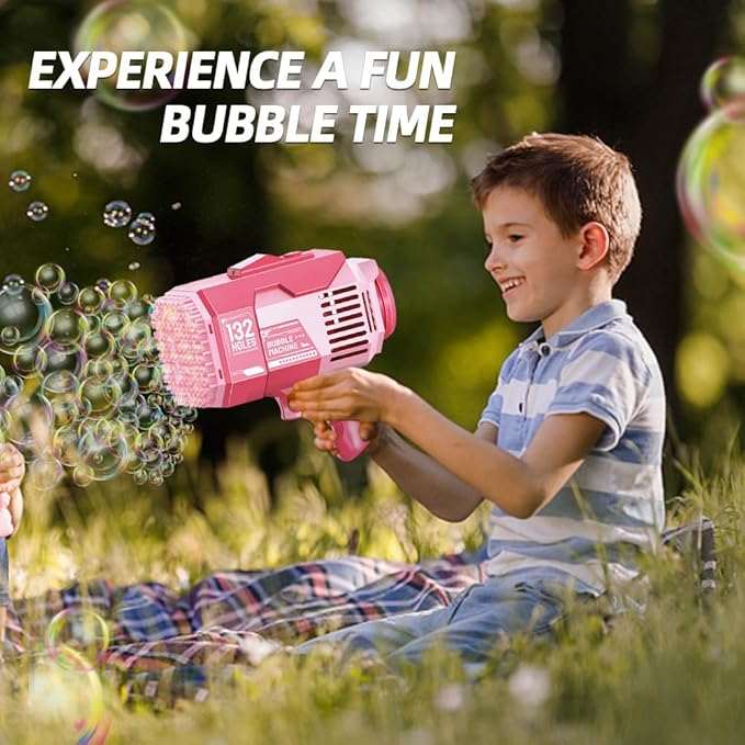 Kidst rechargeable Bubble Machine Bazooka with 132 holes producing thousands of bubbles outdoors