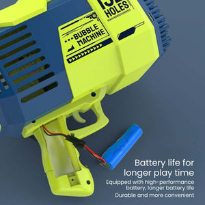Rechargeable Kidst Bubble Machine Bazooka with 132 holes producing thousands of bubbles and LED lights for outdoor fun