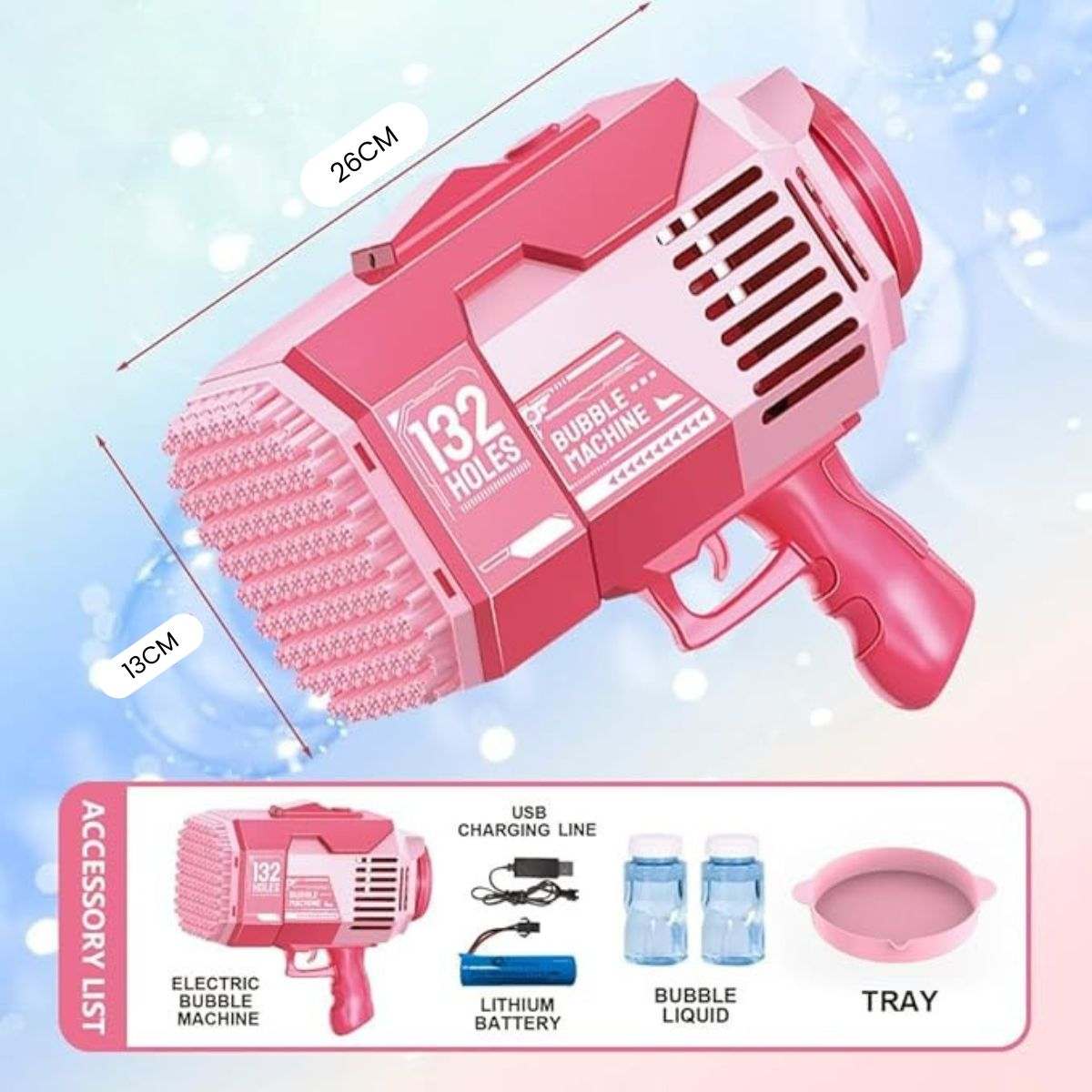 Rechargeable Kidst Bubble Machine Bazooka with 132 holes producing thousands of bubbles, LED lights, safe non-toxic design for kids and adults outdoors