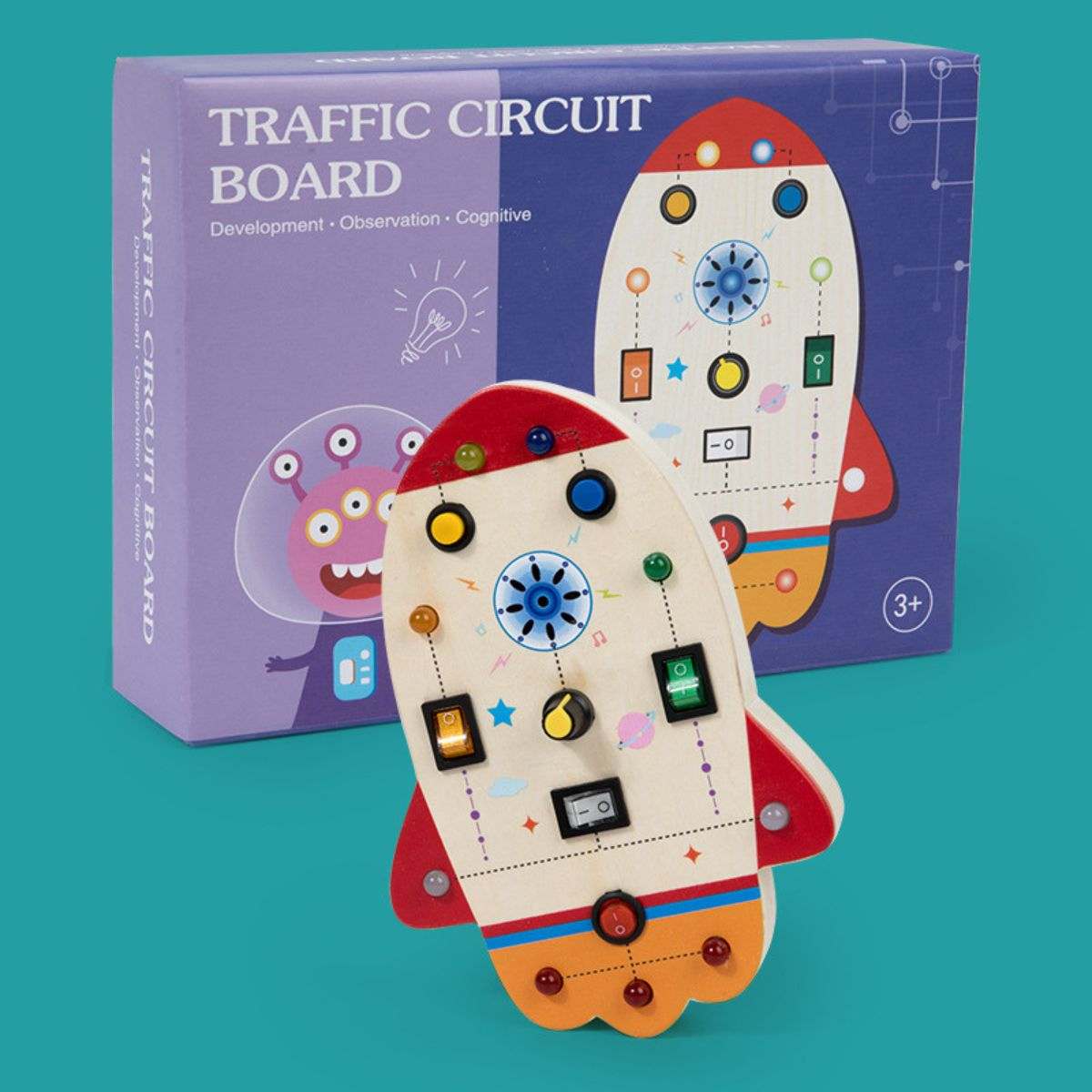 Toddly Montessori Busy Board wooden sensory toy with LED lights, switches, and buttons for toddlers age 3+