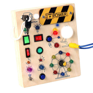 Montessori Busy Board wooden sensory toy with lights, switches, and buttons for toddlers aged 3+