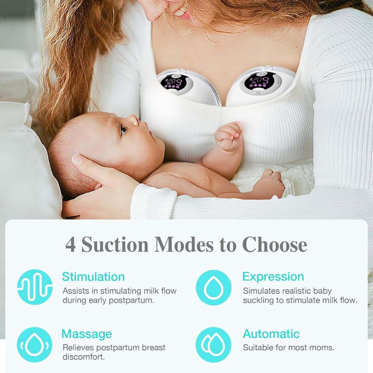 MaterniCare FlowBreeze Pro electric breast pump with 4 flange sizes and hands-free design