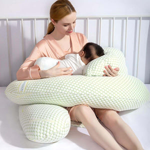 MaterniCare SnuggleMate G-Shape pregnancy pillow in green and grey for full-body maternity support