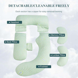 MaterniCare SnuggleMate G-Shape pregnancy pillow in green and grey for full-body maternity support