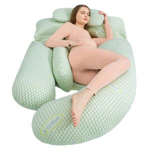 MaterniCare SnuggleMate G-Shape pregnancy pillow in green and grey for full-body maternity support