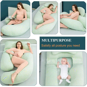 MaterniCare SnuggleMate G-Shape pregnancy pillow in green and grey for full-body maternity support
