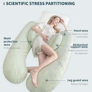 MaterniCare SnuggleMate G-Shape pregnancy pillow in green and grey, providing full-body maternity support with hypoallergenic materials.