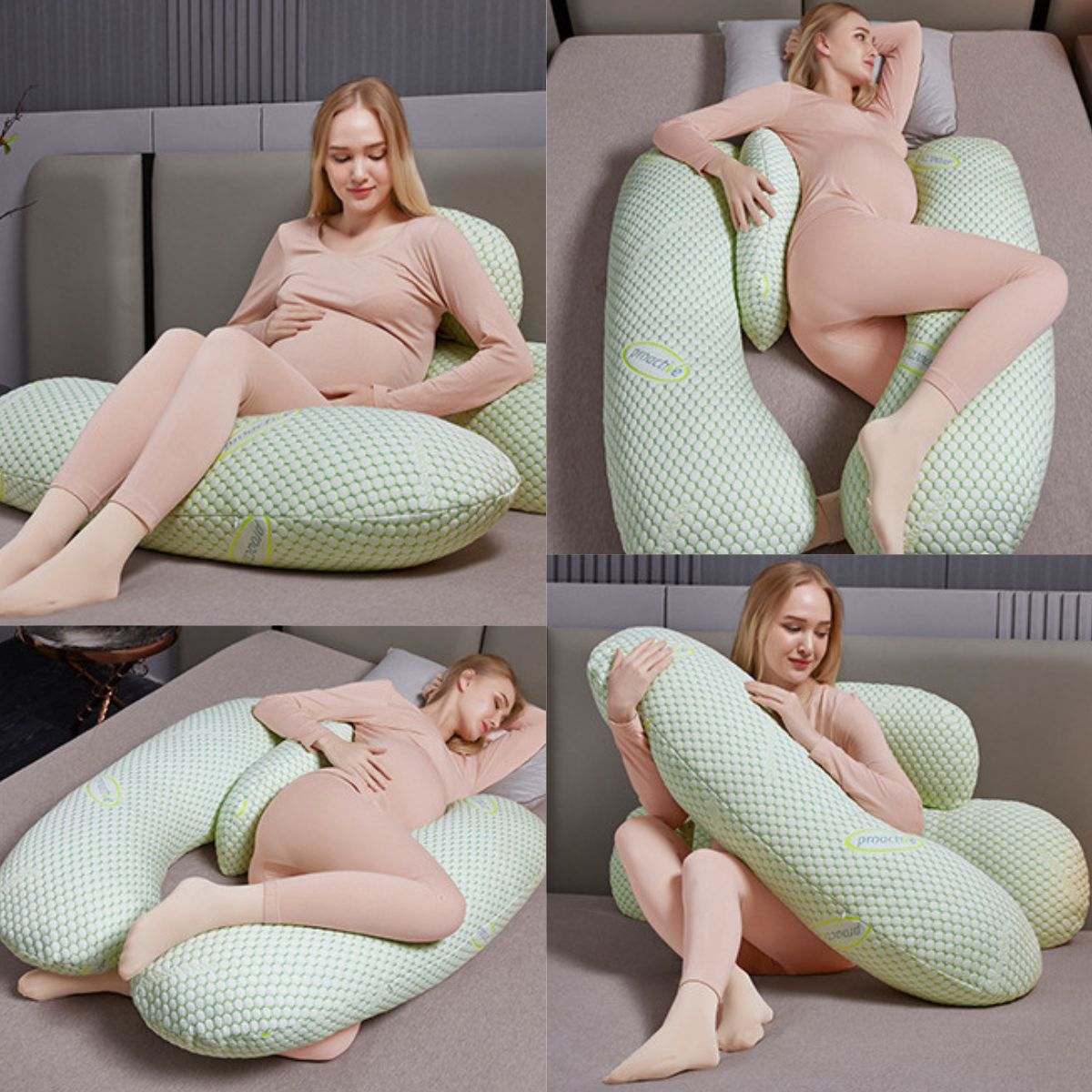 MaterniCare SnuggleMate G-Shape pregnancy pillow in green and grey for full-body maternity support